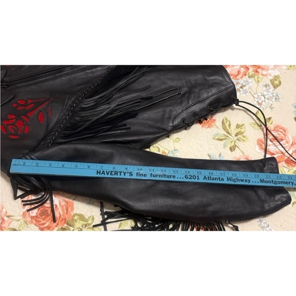 Women’s Black Fringe Leather Biker Motorcycle Jacket Rose Pattern Size Large - Picture 13 of 14